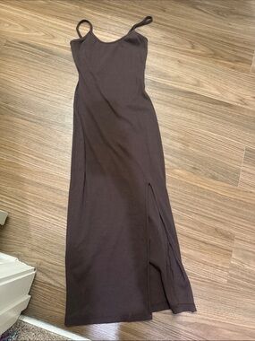 Tribe Kelley Slim Scoop Neck Maxi Slip Dress in Dark Brown